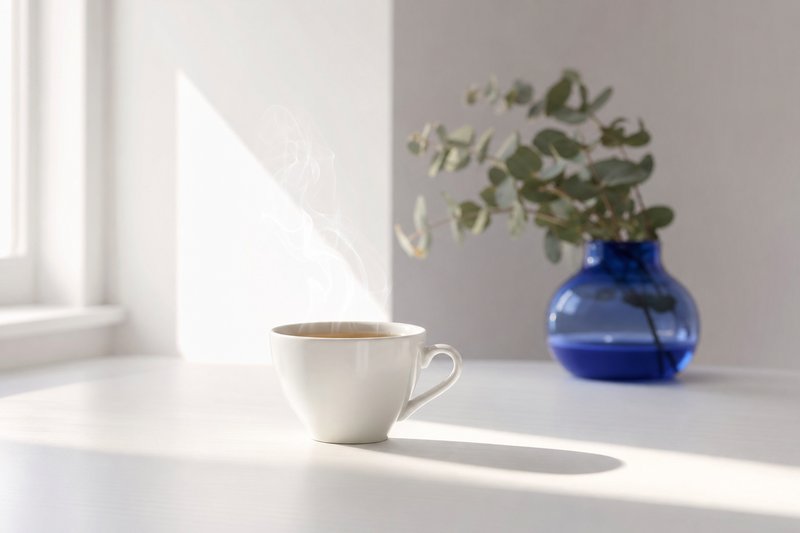 Weiße Teetasse im Sonnenstrahl auf einem hellen Tisch, aufsteigender Dampf