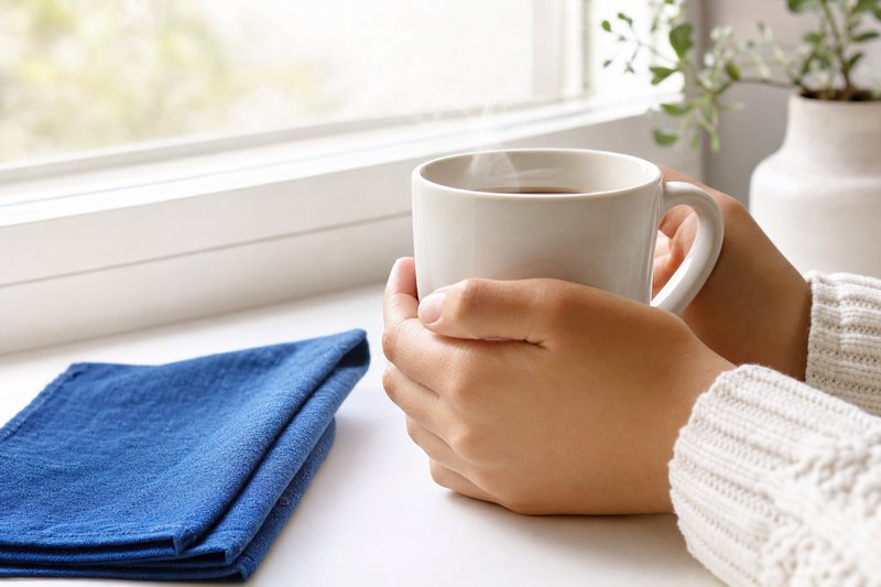 Hände halten eine warme Tasse im Morgenlicht am Fenster