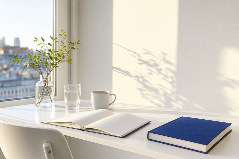 Heller Schreibtisch am Fenster im frühen Morgenlicht mit Notizbuch und Wasserglas